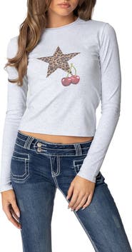 EDIKTED Cherry Leopard Star Long Sleeve Graphic T-Shirt
