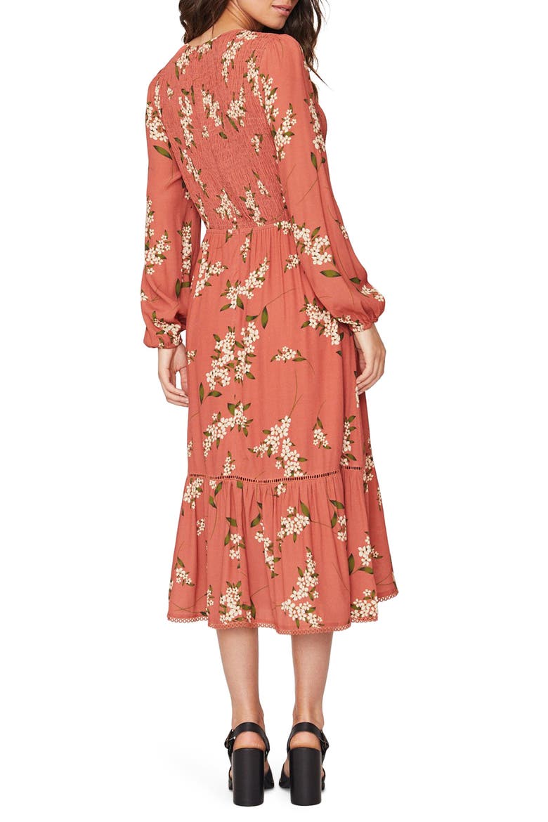 Champagne At the Palace Floral Smocked Long Sleeve Midi Dress, Alternate, color, AMBER MULTI