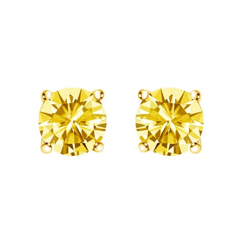 14K Gold 1 1/2 Cttw Lab Grown Yellow Diamond Solitaire Stud Earrings