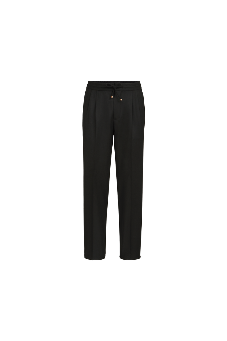 Virgin wool flannel trousers with drawstring and double pleats, Alternate, color, Black