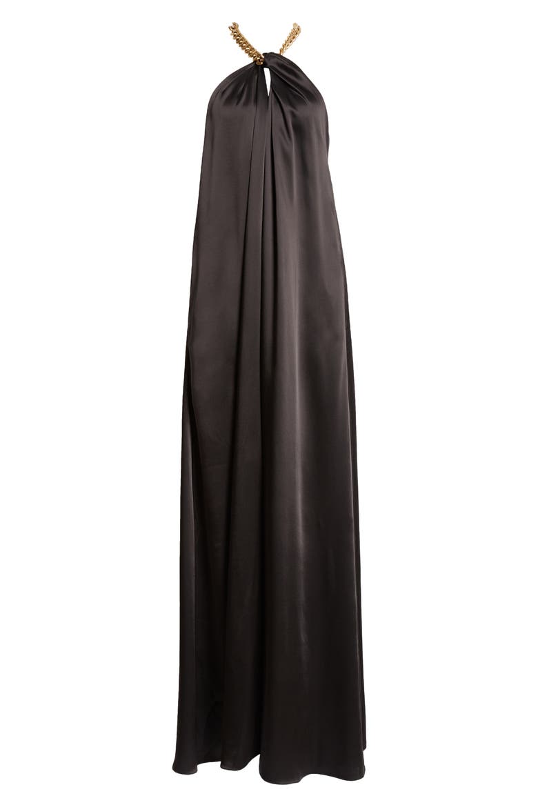Chain Crossover Halter Satin Gown, Alternate, color, BLACK
