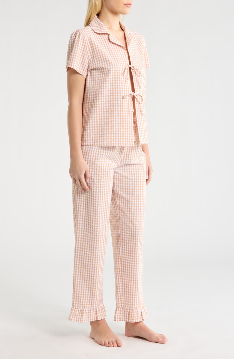 French Connection Gingham Seersucker Pajamas, Alternate, color, Tan Combo