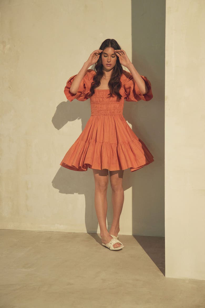 Amelia Ruched Mini Linen Dress in Rust Orange, Alternate, color, Rust Orange