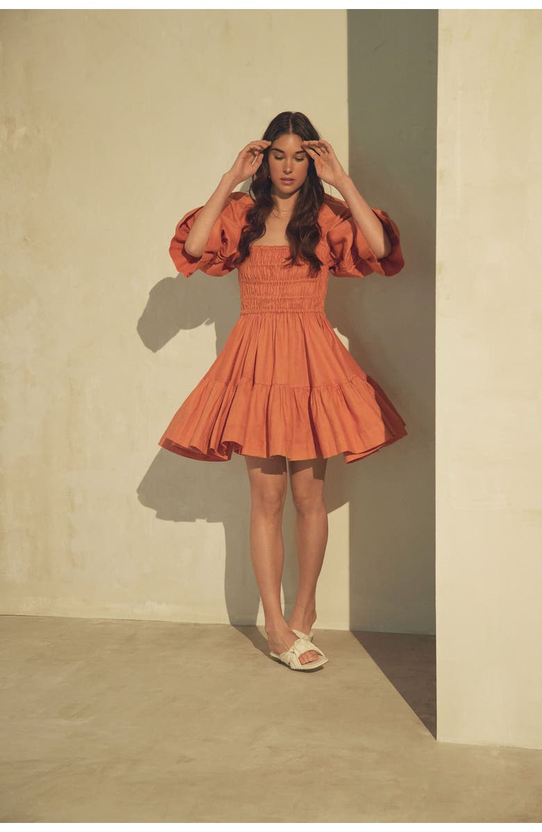 Vasiliki Amelia Ruched Mini Linen Dress in Rust Orange, Alternate, color, Rust Orange