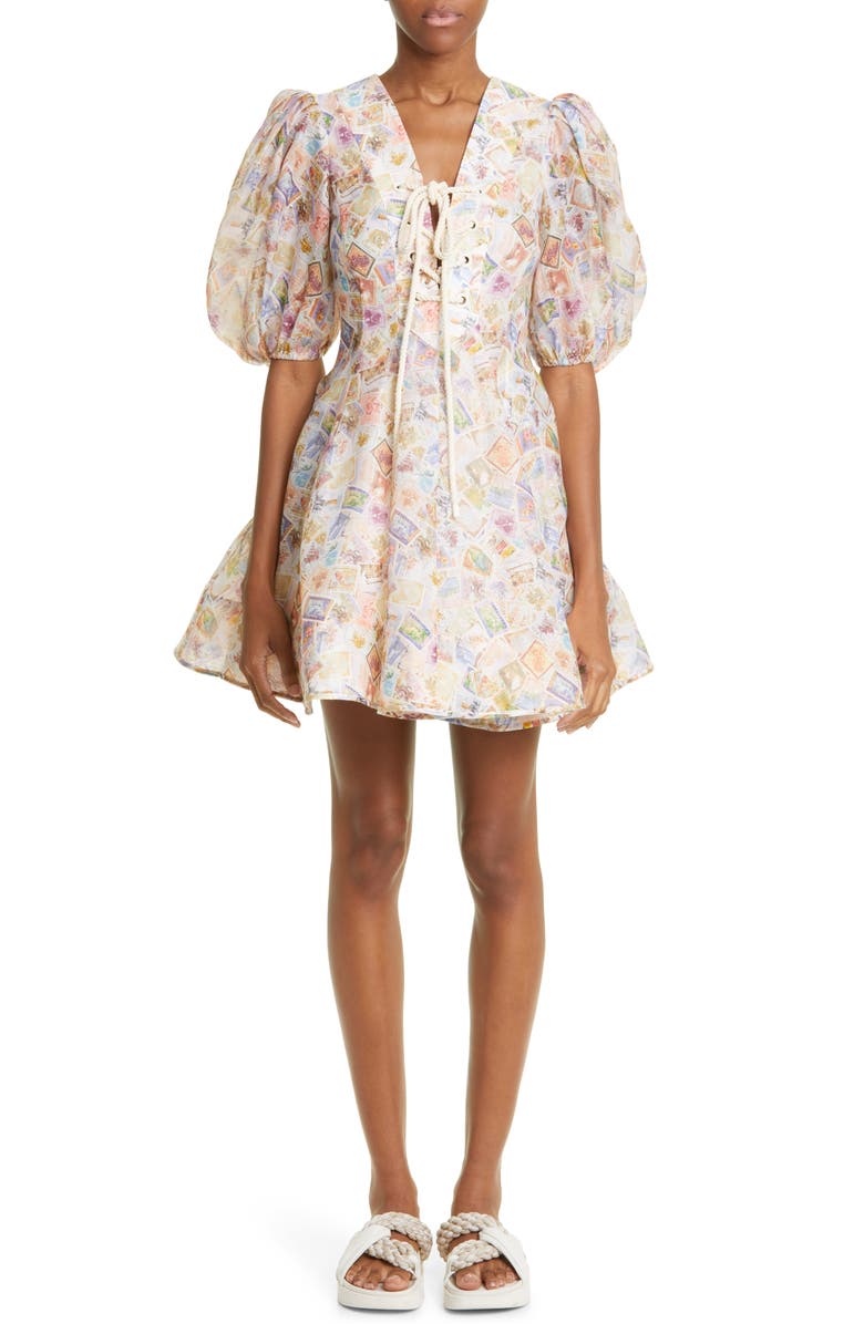 Zimmermann High Tide Lace-Up Puff Sleeve Linen & Silk Babydoll Minidress, Main, color, Stamp Print