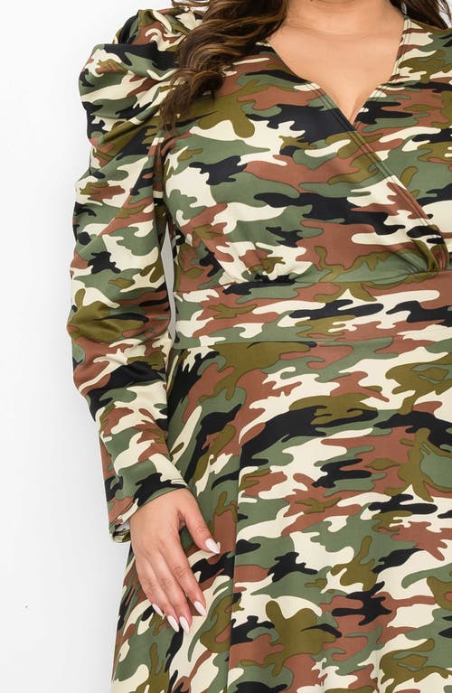 L I V D Statement Shoulder Long Sleeve Stretch Fit & Flare Dress In Camo