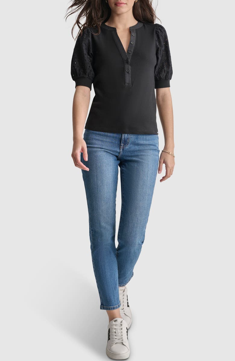 DKNY Jeans Eyelet Sleeve Rib Henley Top, Alternate, color,