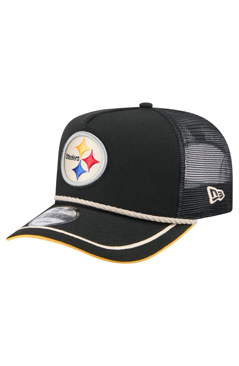 New Era Men's New Era Black Pittsburgh Steelers Vintage Team Rope A-Frame Trucker 9FIFTY Snapback Hat, Main, color, 