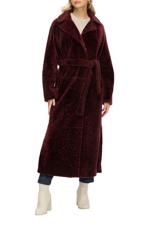 Reversible Textured Genuine Shearling Coat with Side Slits, Belt