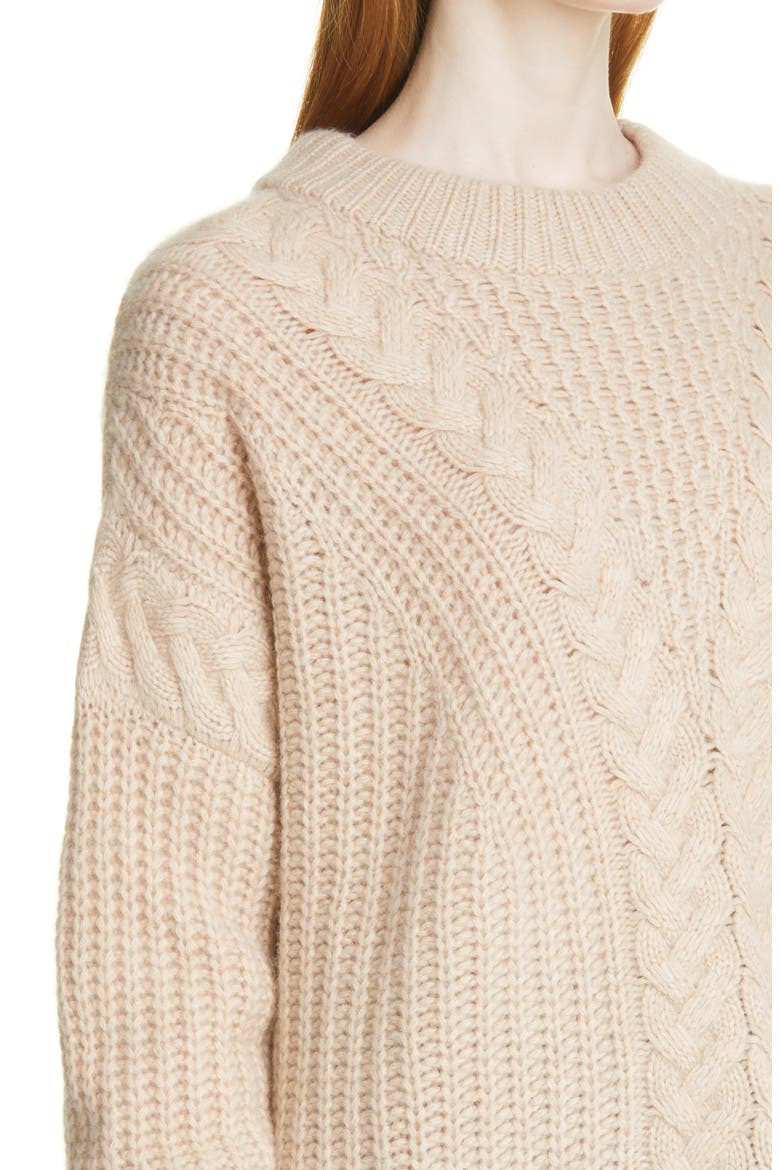 V-Cable Cashmere Crewneck Sweater, Alternate, color, LIGHT TAN