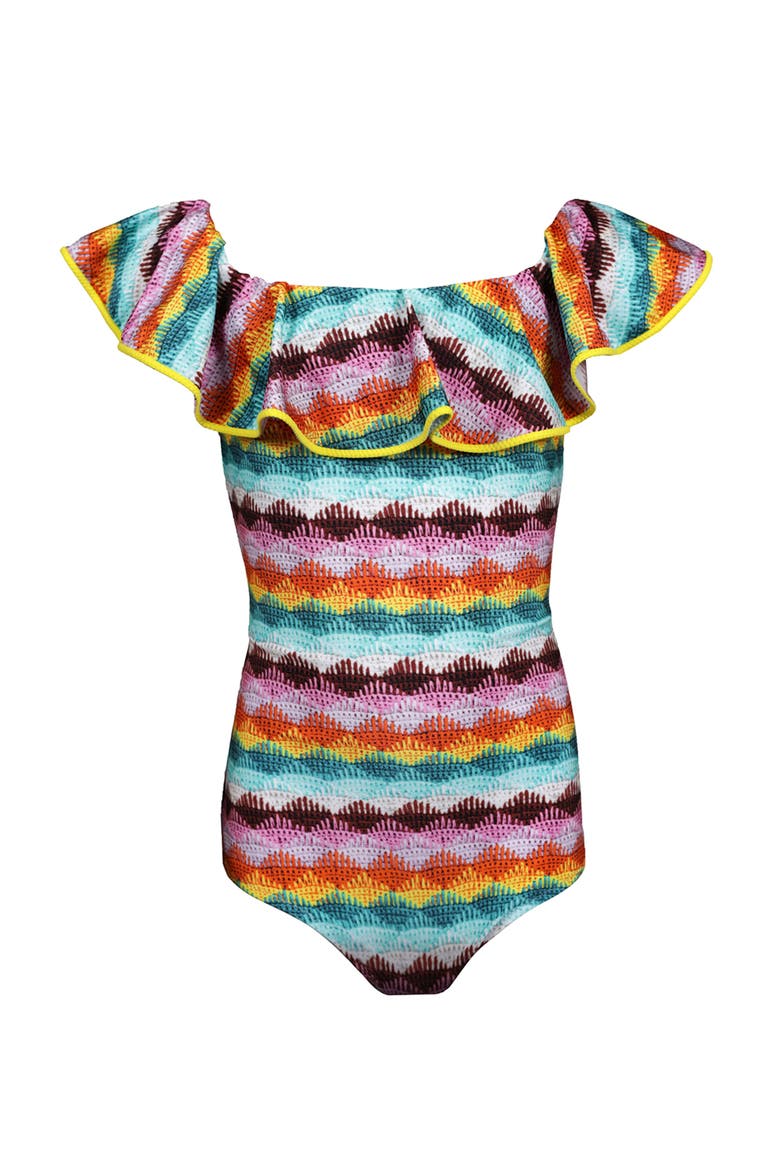 Kids' Off-Shoulder Ruffled One Piece Swimsuit, Main, color, Multicolor