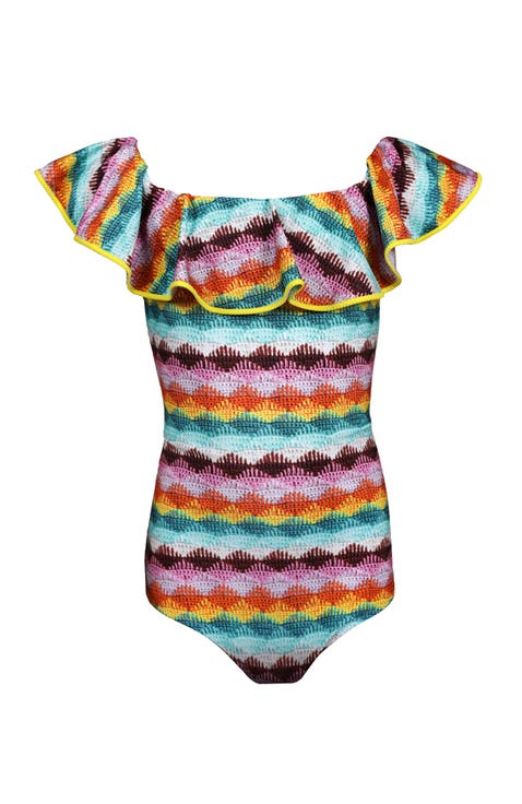 Kids' Off-Shoulder Ruffled One Piece Swimsuit