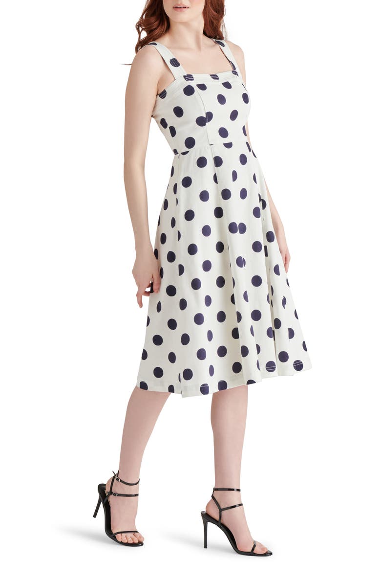 Steve Madden Dolly Polka Dot Stretch Cotton Midi Dress, Alternate, color, White / Navy