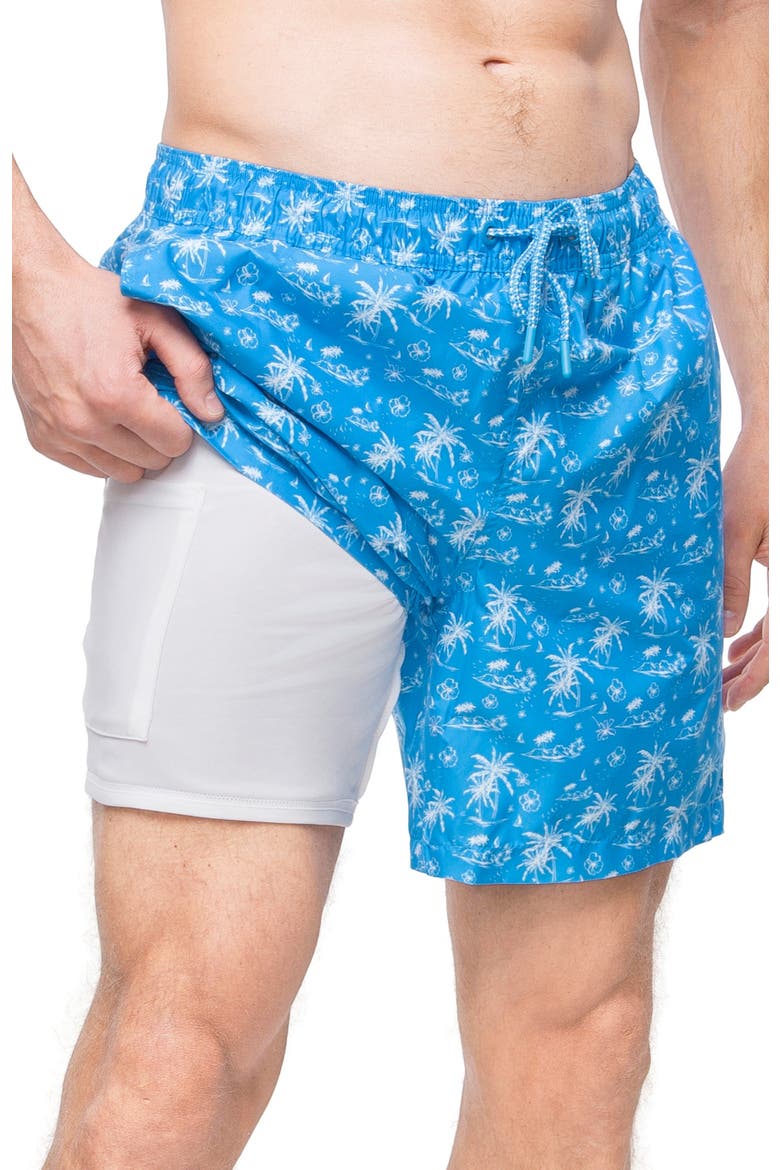 Men's 7" Compression Liner Swim Trunks with Back Zipper Pocket, UPF 50+, Main, color, Blue Tropical Print
