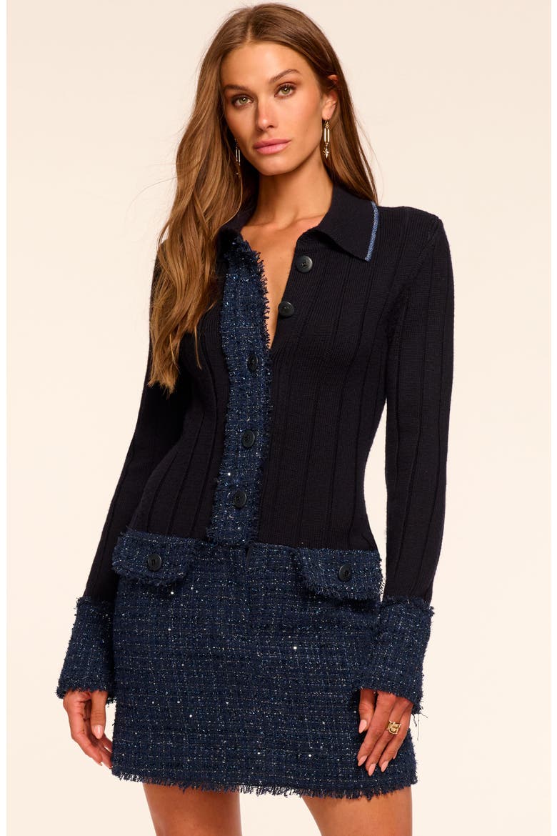 Ellen Metallic Long Sleeve Tweed & Rib Minidress, Alternate, color, NAVY TWEED