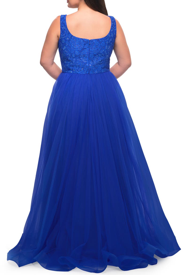 A-line Tulle and Lace Plus Size Gown with Slit, Alternate, color, Royal Blue