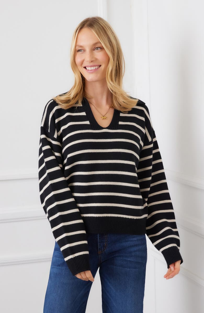 Karen Kane Stripe Polo Sweater, Alternate, color, Black Ecru