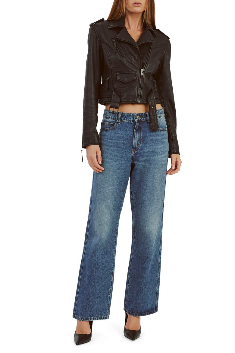 Crop Leather Moto Jacket, Alternate, color, BLACK