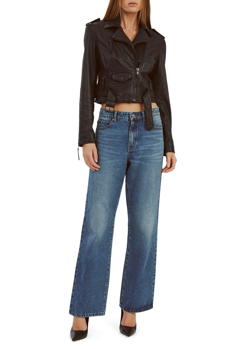 Bardot Crop Leather Moto Jacket, Alternate, color, Black