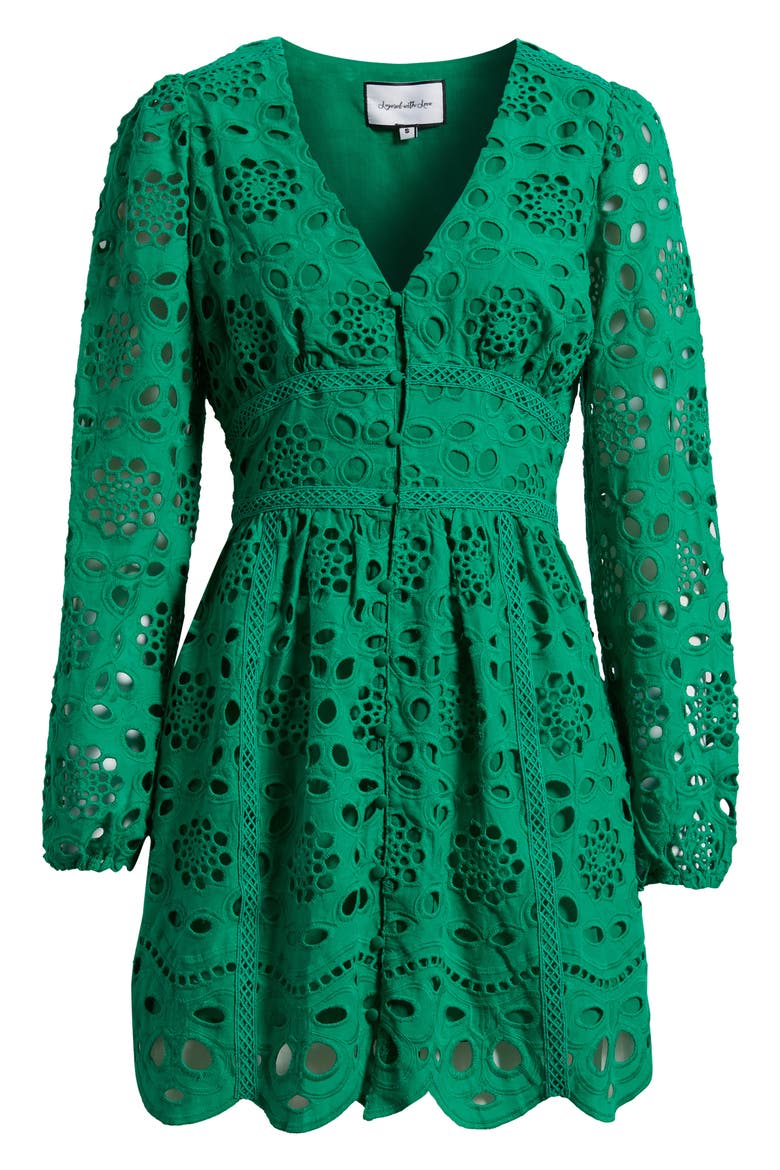 Long Sleeve Eyelet Minidress, Alternate, color, KELLY GREEN