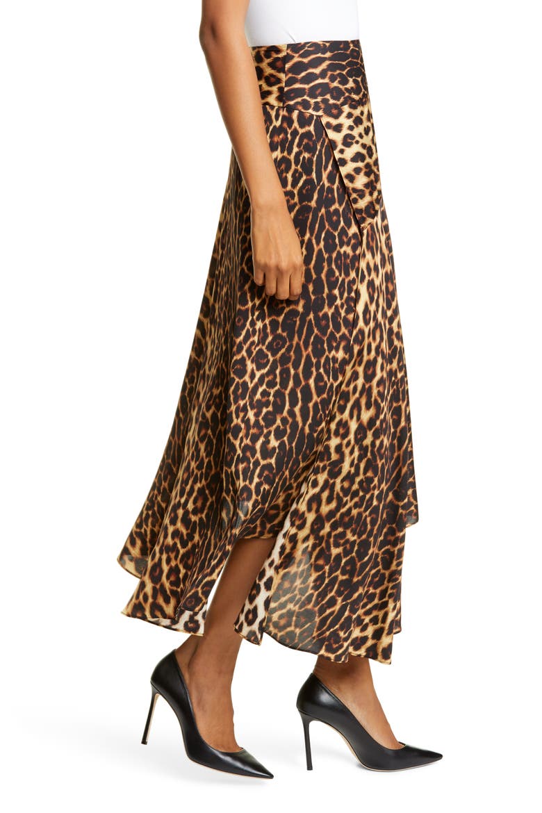 Lev Leopard Print Asymmetrical Stretch Silk Midi Skirt, Alternate, color, BROWN MULTI