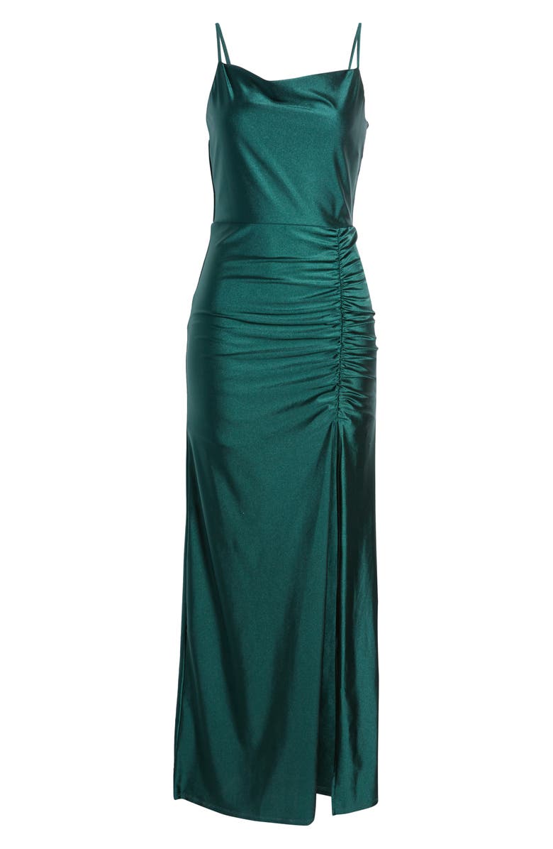 Speechless Ruched Side Slit Stretch Satin Maxi Dress, Alternate, color, 