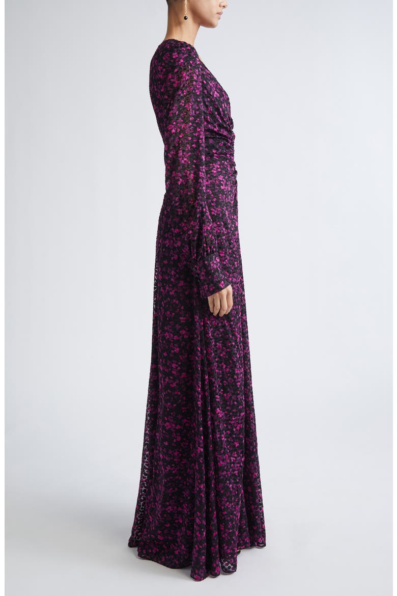 Long Sleeve Satin Leopard Jacquard Gown, Alternate, color, BLACK HOT PINK MULTI