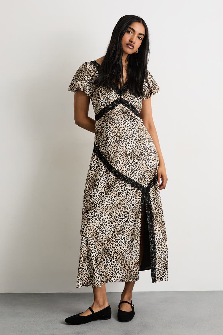 Printed Puff Sleeve Midi Dress, Main, color, Animal