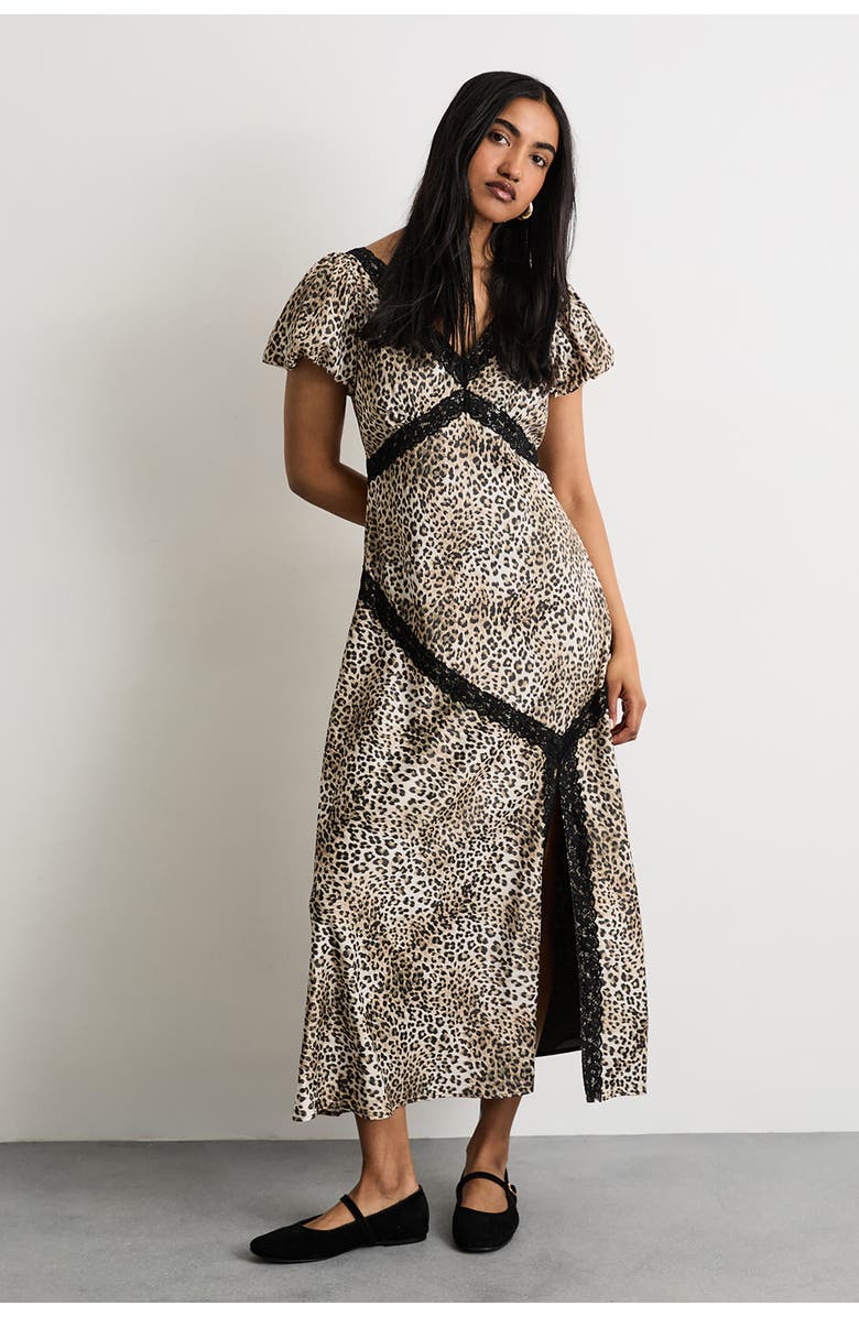 Warehouse Printed Puff Sleeve Midi Dress, Main, color, Animal