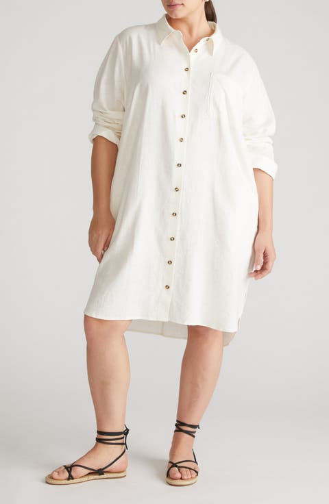 Seaside Long Sleeve Linen Blend Shirtdress (Plus)