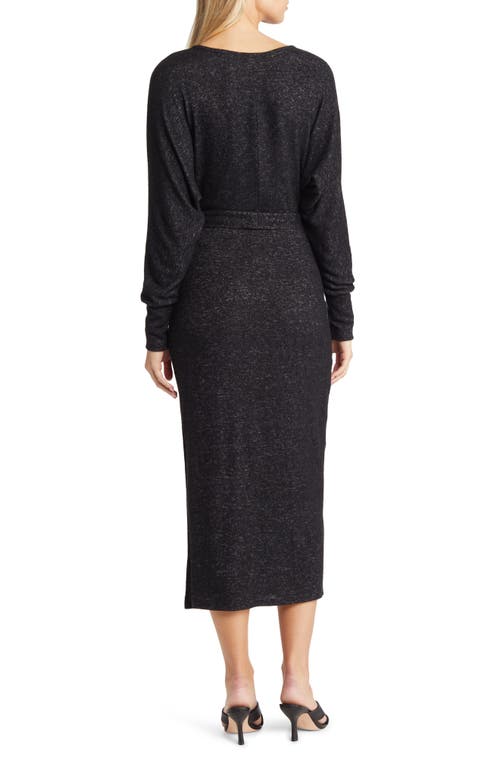 Loveappella Long Sleeve Faux Wrap Midi Dress In Black