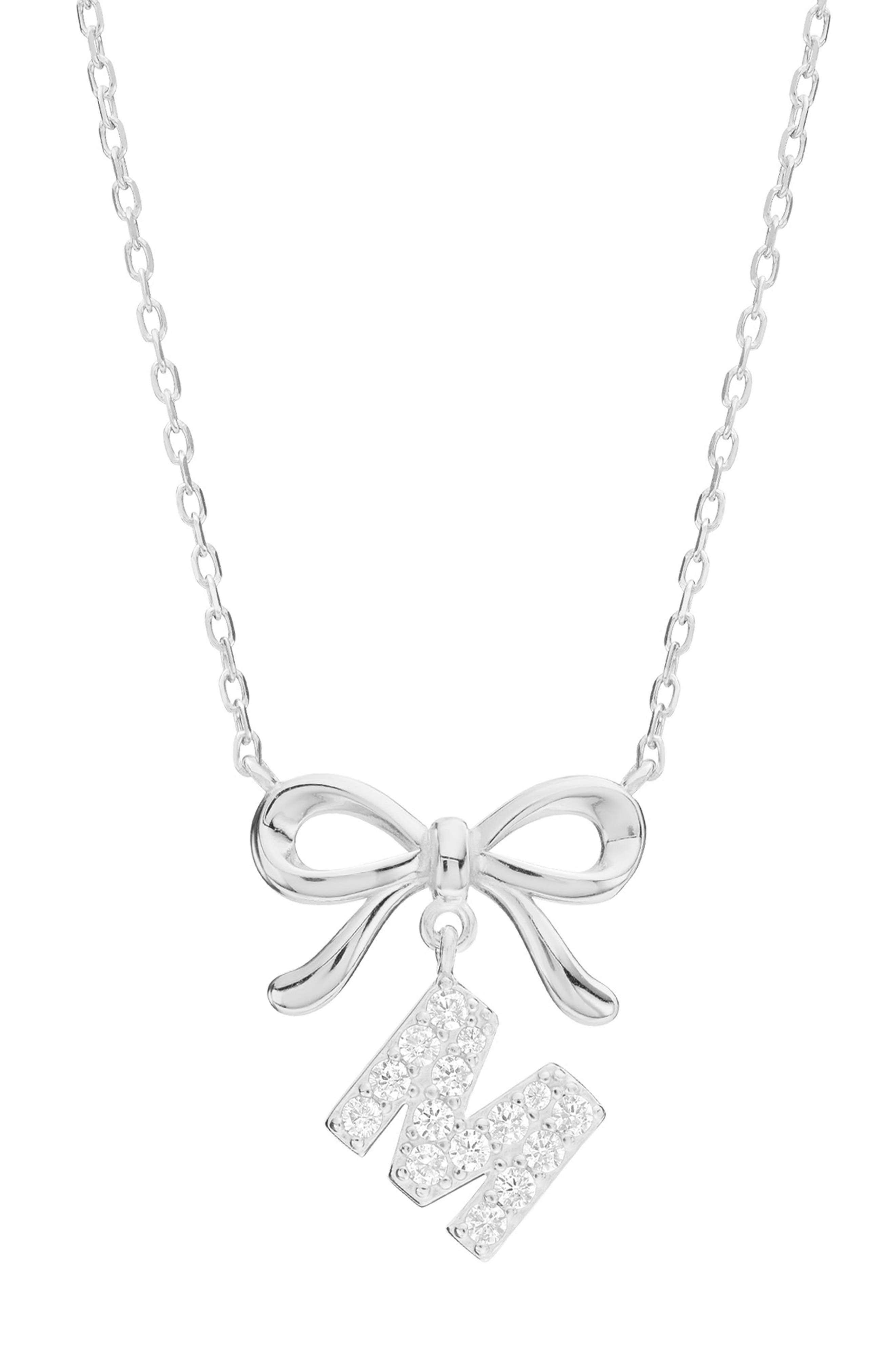 ATHRA LUXE Cubic Zirconia Bow Initial Pendant Necklace in M Silver 
