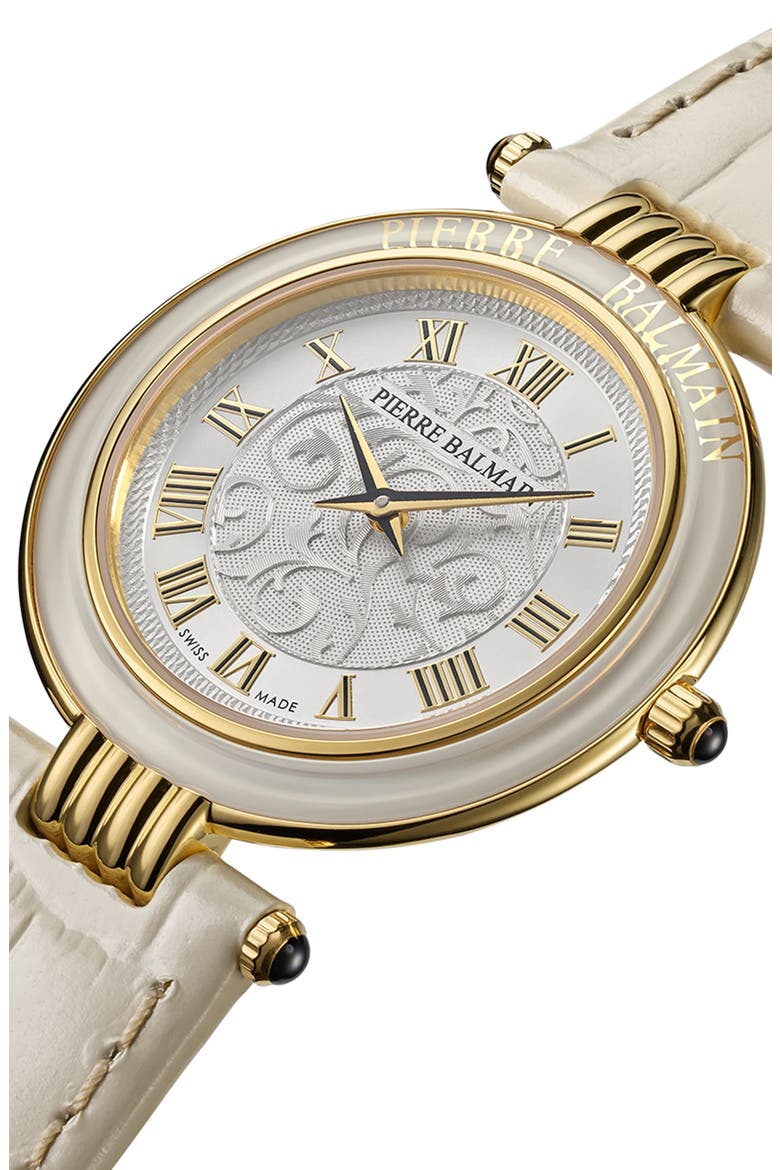 Haute Elegance Leather Strap Watch, 30mm, Alternate, color, STAINLESS STEEL WITH BEIGE