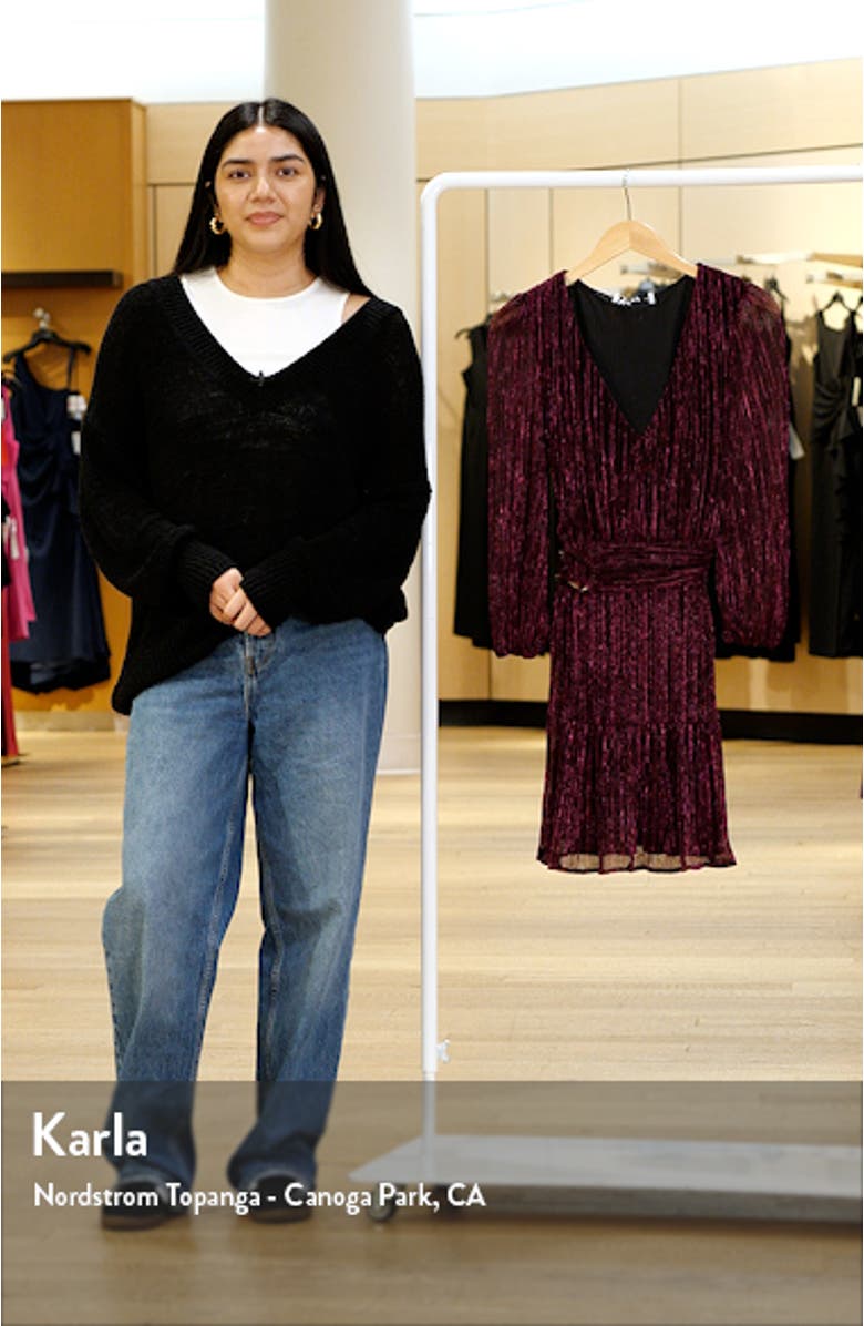 Glimmer Metallic Belted Long Sleeve Dress, sales video thumbnail