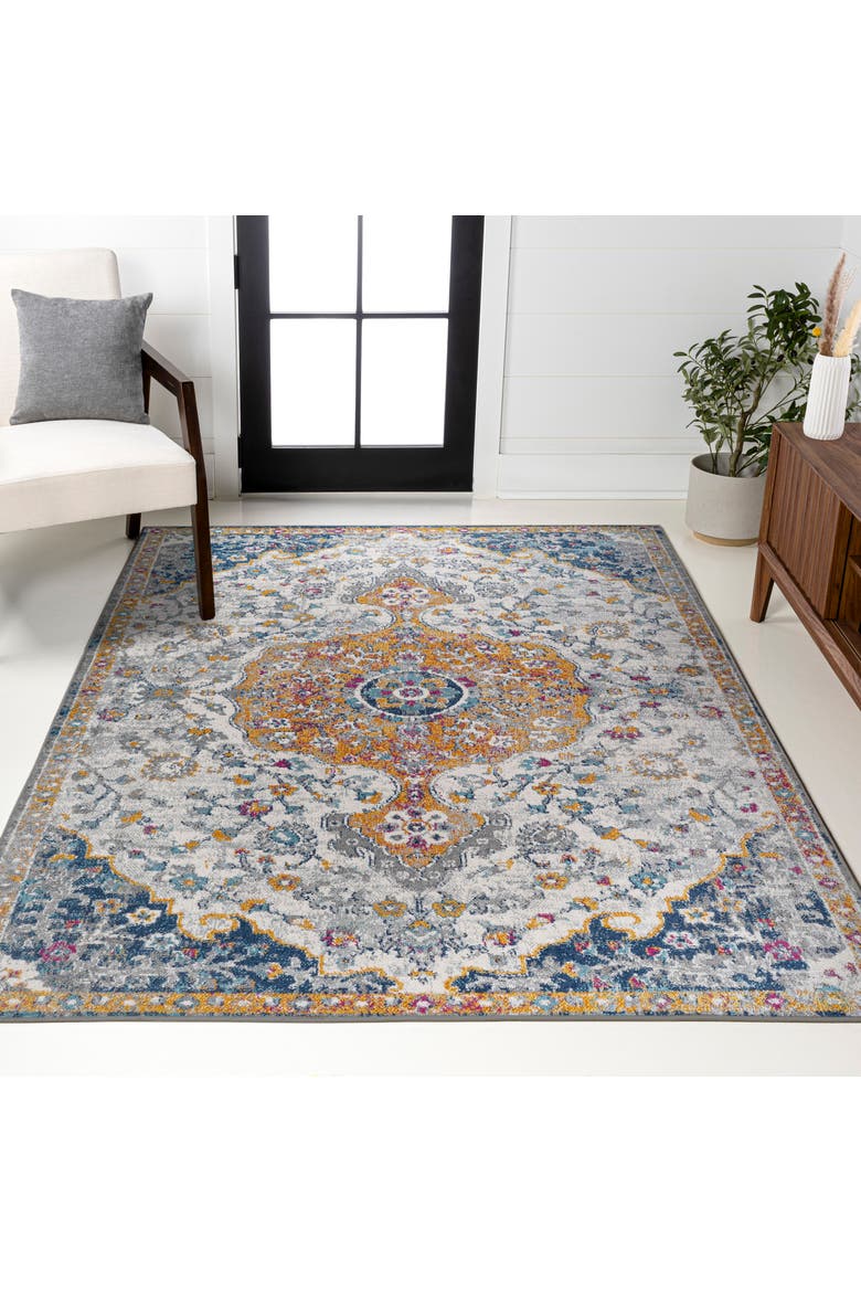 Lorena Ornate Boho Medallion Area Rug, Alternate, color, Light Gray/Dark Blue/Orange