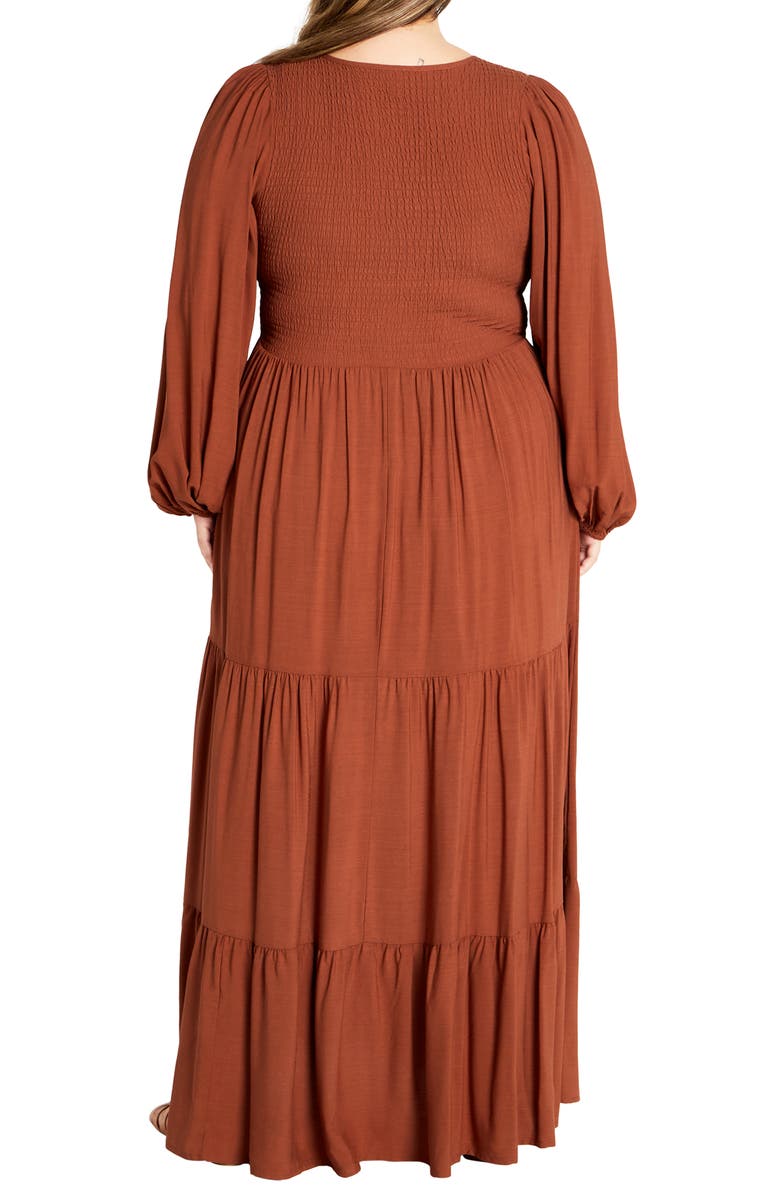 City Chic Jayden Smocked Bodice Long Sleeve Maxi Dress, Alternate, color, Masala