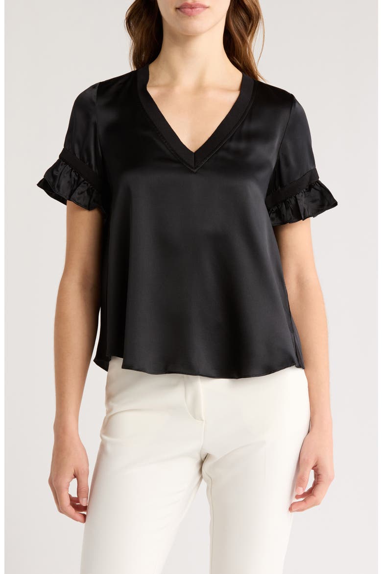 Linnea Ruffle Sleeve Silk Top, Main, color, BLACK