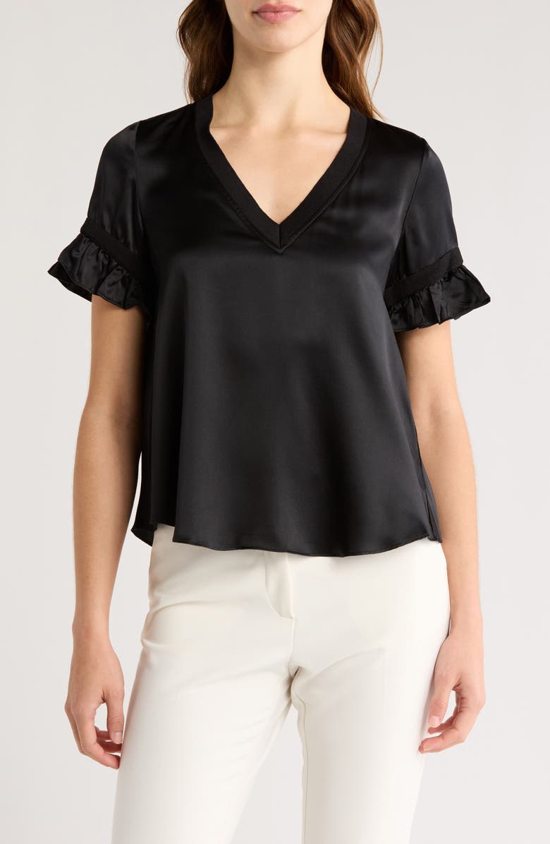 Cinq à Sept Linnea Ruffle Sleeve Silk Top, Main, color, Black