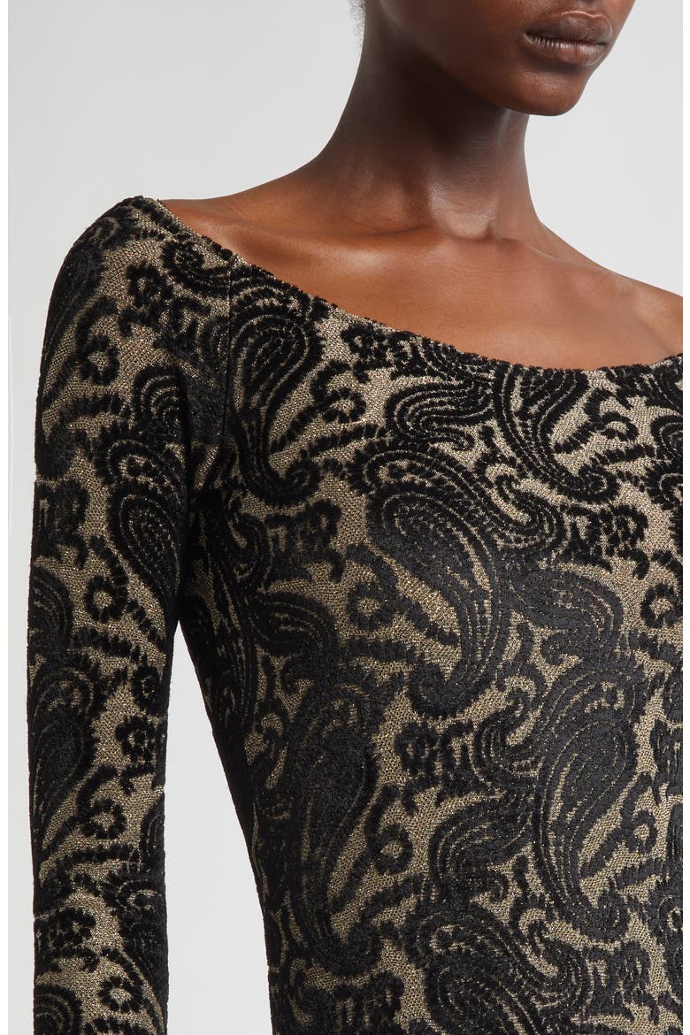 Long Sleeve Metallic Paisley Chenille Gown, Alternate, color, ORO