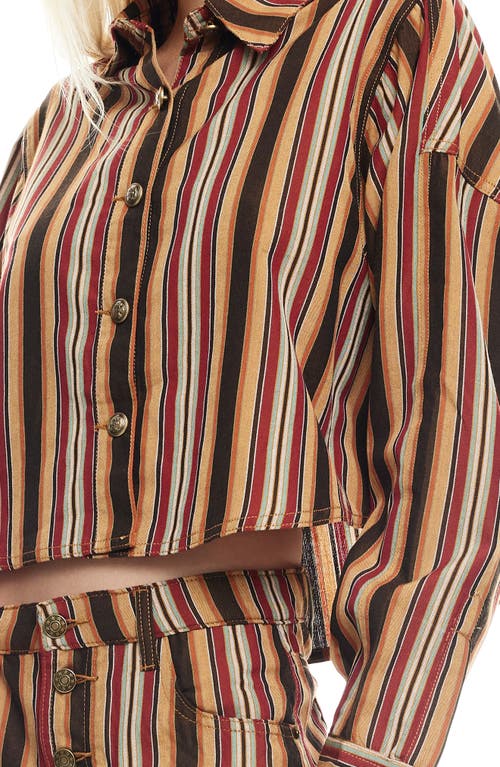 Lioness Sundrenched Stripe Denim Crop Button-up Shirt In Brown