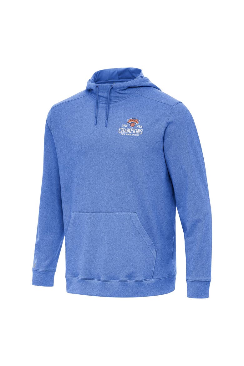 Men's Antigua Heather Blue New York Knicks 2026 NBA Finals Champions Wordmark Cloud Hoodie, Alternate, color, Heather Blue