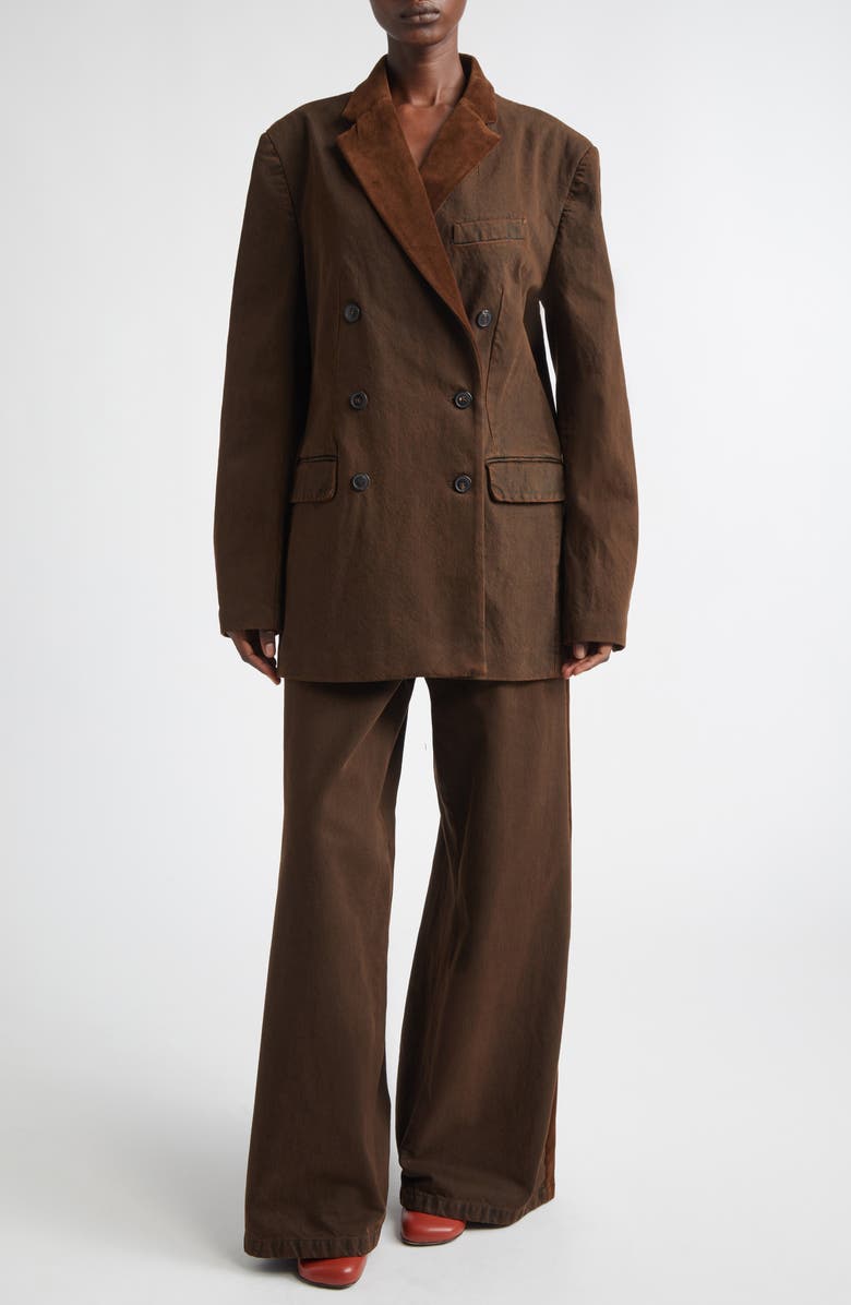 Dries Van Noten Bafya Velvet Trim Double Breasted Denim Blazer, Alternate, color, Brown