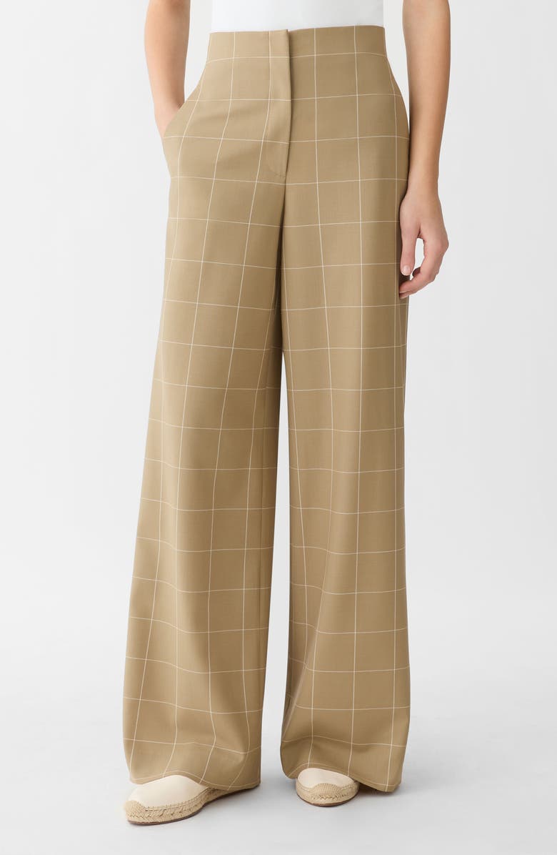 Lafayette 148 New York Thames Windowpane Plaid Tropical Wool Blend Wide Leg Pants, Main, color, Cadet Khaki Multi