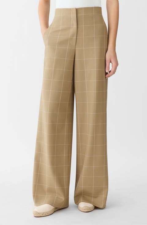 Thames Windowpane Plaid Tropical Wool Blend Wide Leg Pants