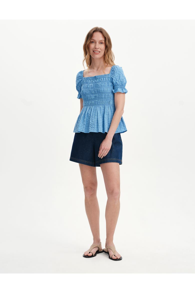 Cynthia Shirred Gingham Seersucker Top, Alternate, color, Blue