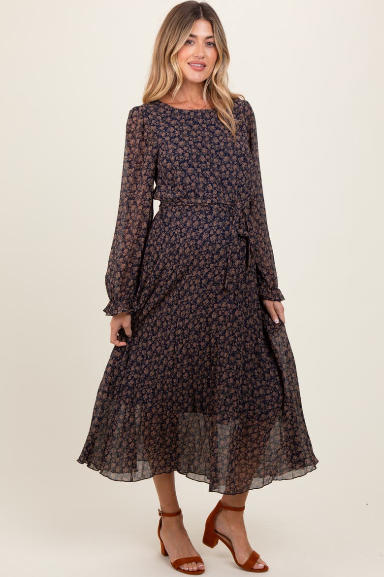 Floral Front Tie Pleated Midi Dress, Alternate, color, Navy Blue
