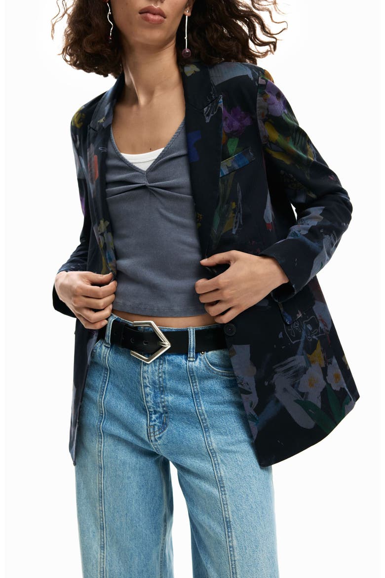 Graphic Floral Print Single Breasted Blazer, Alternate, color, BLACK