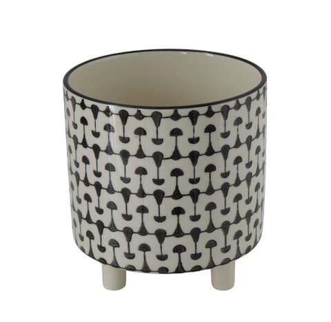 Round Stoneware Planters With Geometric Prints, Black And White