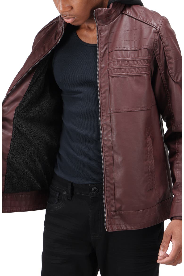 Faux Leather Hooded Moto Jacket with Faux Fur Lining, Alternate, color, BURGUNDY