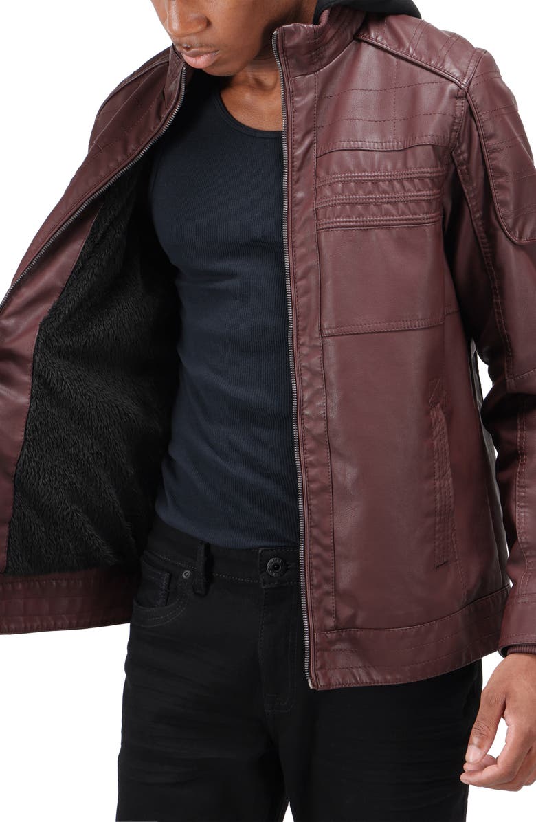XRAY Faux Leather Hooded Moto Jacket with Faux Fur Lining, Alternate, color, Burgundy